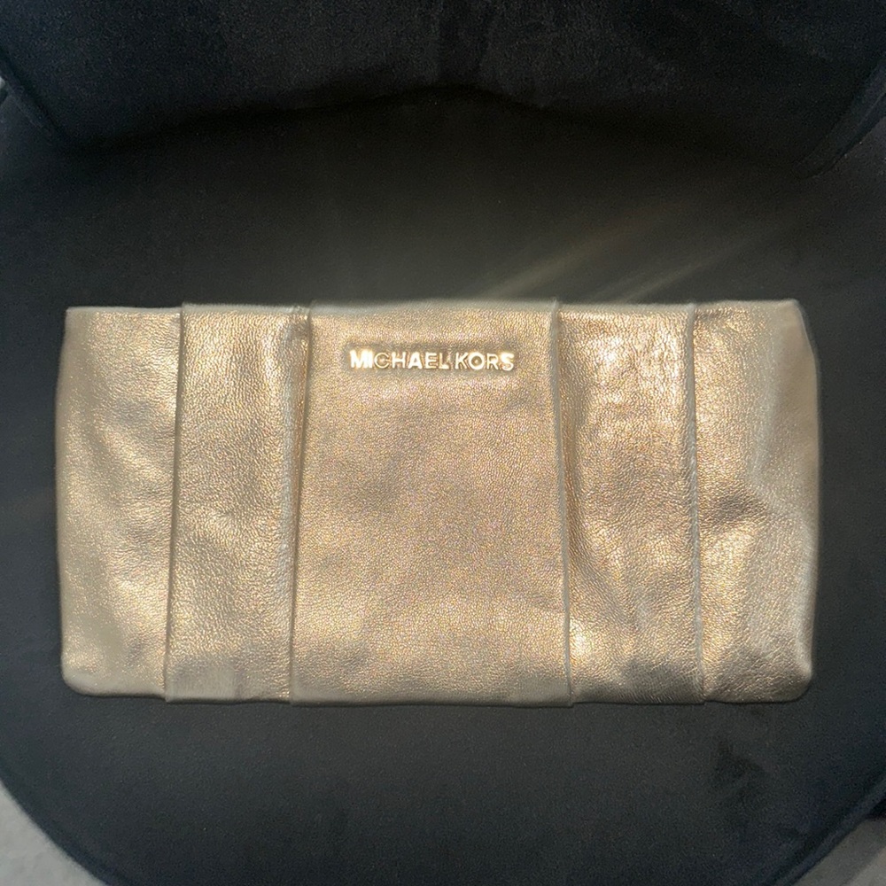 Michael Kors Leather Metallic Gold Pleated Envelope Clutch